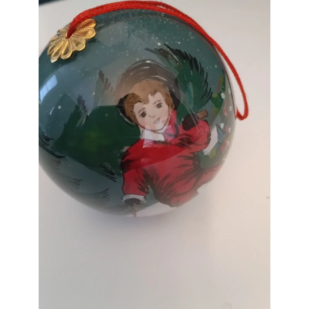 Vintage Style Christmas Ball Ornament Child with Sled and Tree Green Red Gold